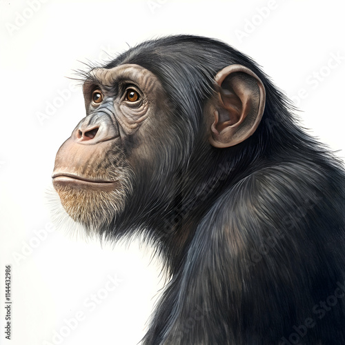 chimpanzee striking a fun pose with a big smile, showcasing its lively and energetic personality, white background