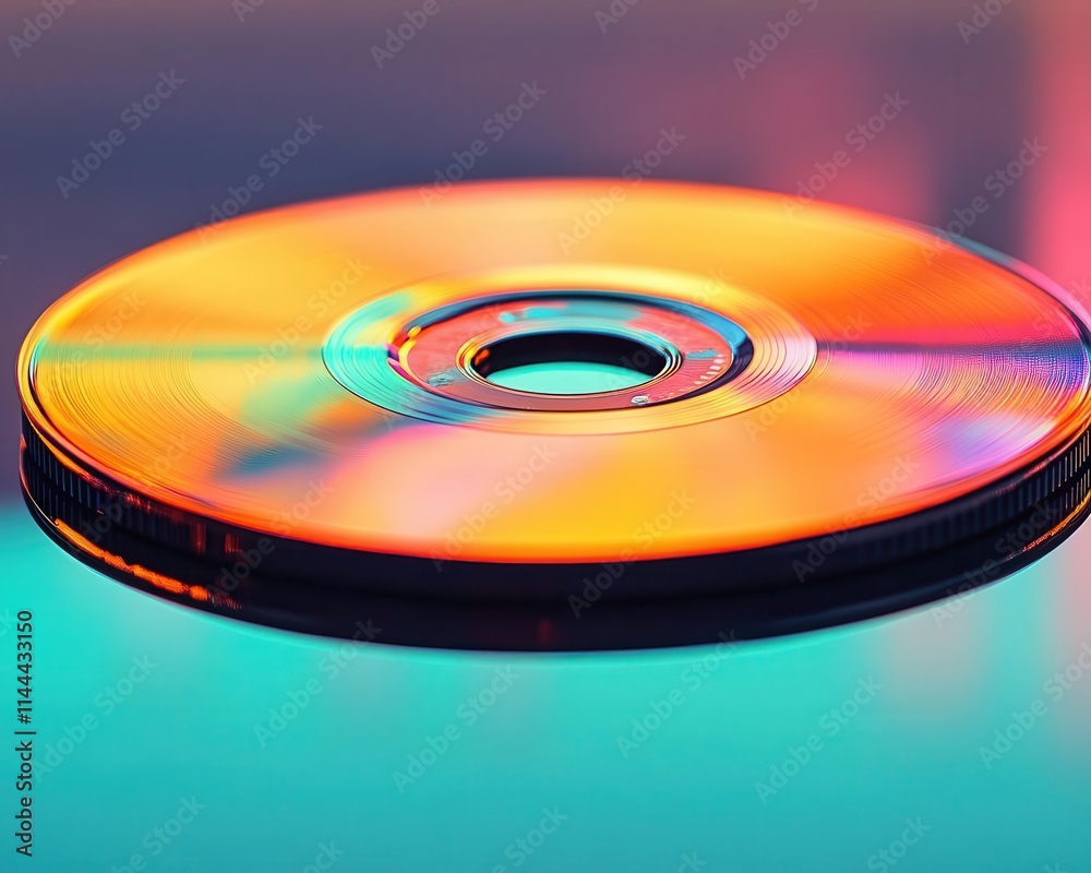 Compact disc with vibrant reflection, soft lighting, sleek design Compact disc with vibrant reflection, soft lighting, sleek design
