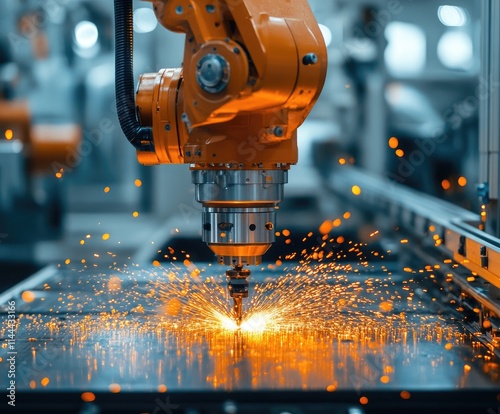 Robotic arm performing spot welding on metal detail in factory photo