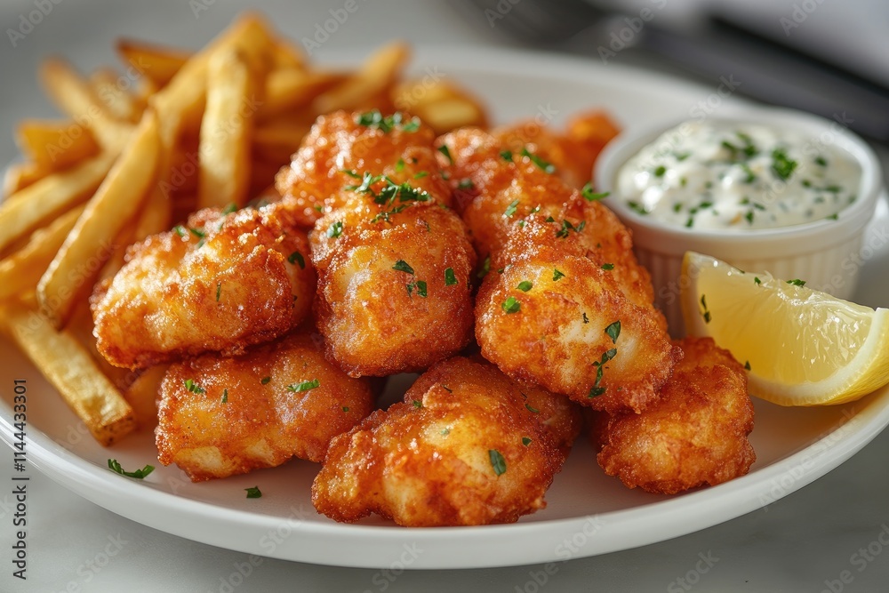 Breaded fish and chips with tartar sauce, lemon, and parsley Breaded fish and chips with tartar sauce, lemon, and parsley