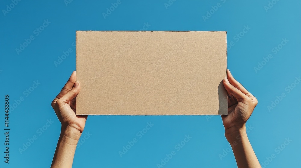 Hands Holding Blank Cardboard in Clear Blue Sky Hands Holding Blank Cardboard in Clear Blue Sky