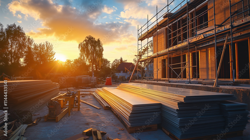 Fototapeta premium ガルバリウム鋼板が置かれた外壁工事の夕景