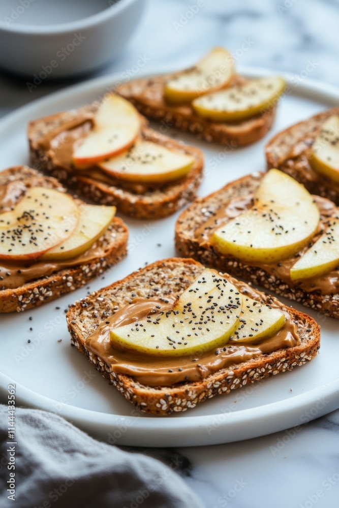 Delicious whole grain toast topped with peanut butter and sliced apples on a white plate during a sunny Delicious whole grain toast topped with peanut butter and sliced apples on a white plate during a sunny