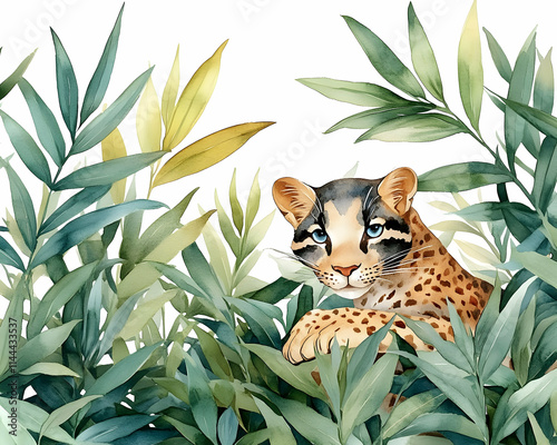 Cute Ocelot Kitten Hiding in Lush Tropical Foliage, Watercolor Illustration, Jungle Background, Nursery Decor.