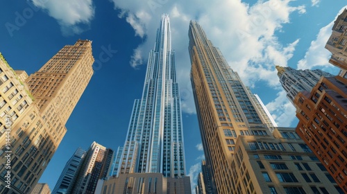 Urban skyline showcasing a towering skyscraper framed by glass buildings unde...