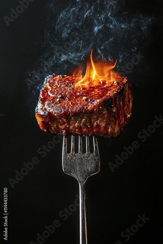 Perfectly cooked steak on a fork with flames and smoke rising, showcasing the...