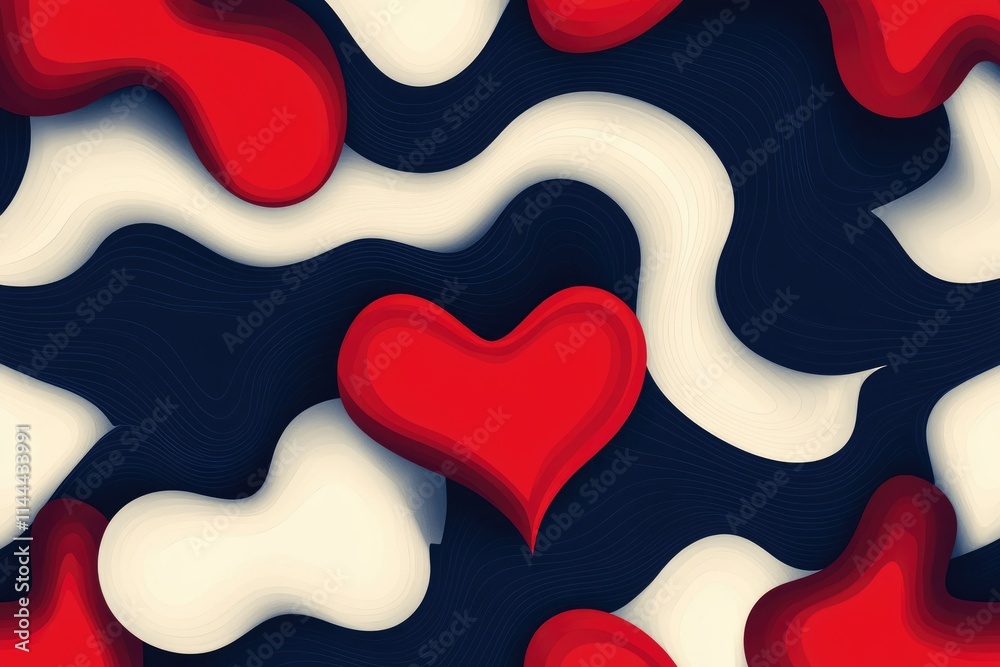 Red and white hearts emerging from a topographic map background Red and white hearts emerging from a topographic map background