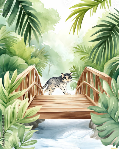 Leopard crossing jungle bridge, watercolor, tropical foliage, nature illustration, kids book. photo