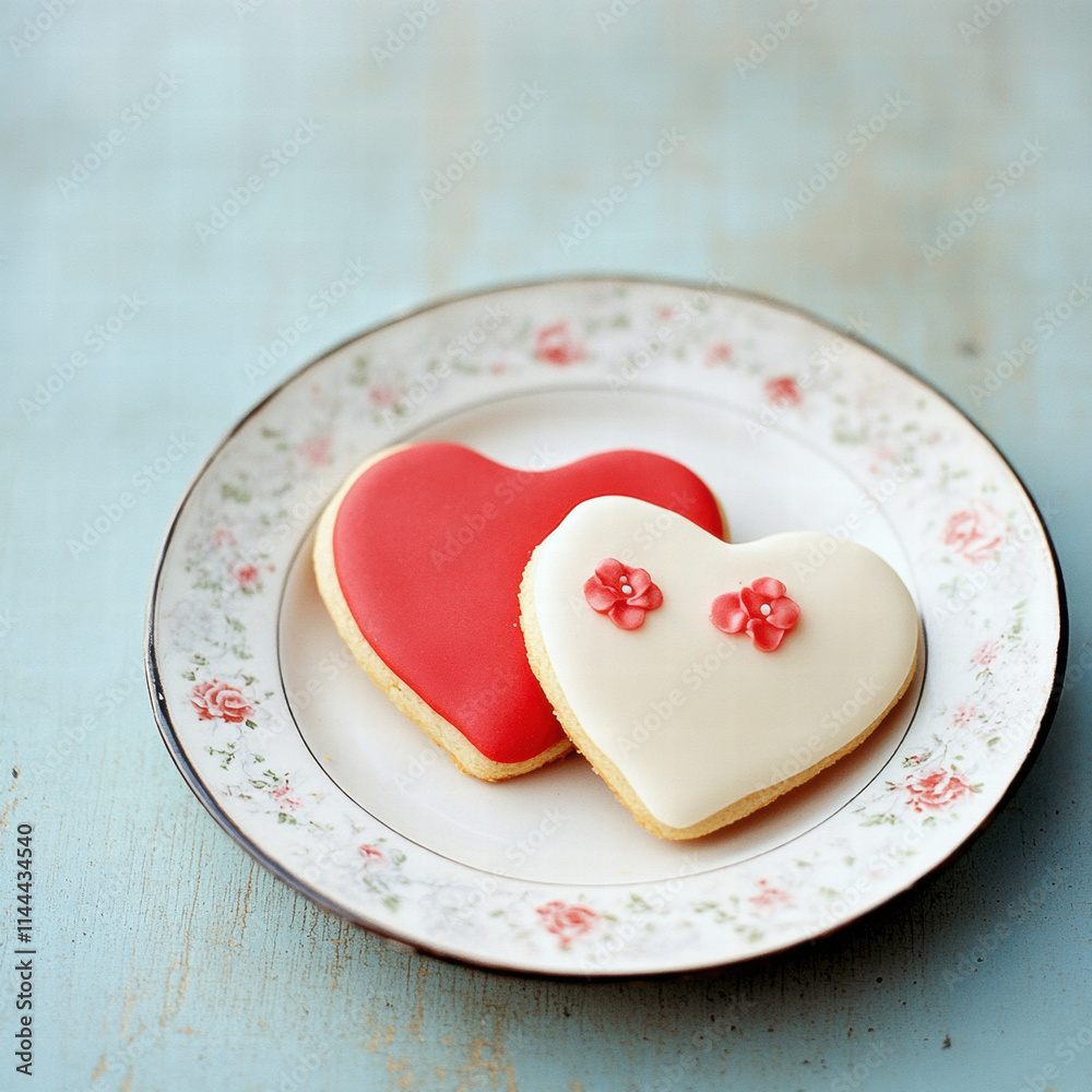 Heart shaped cookies with red and white icing on floral plate, evoking sweetness