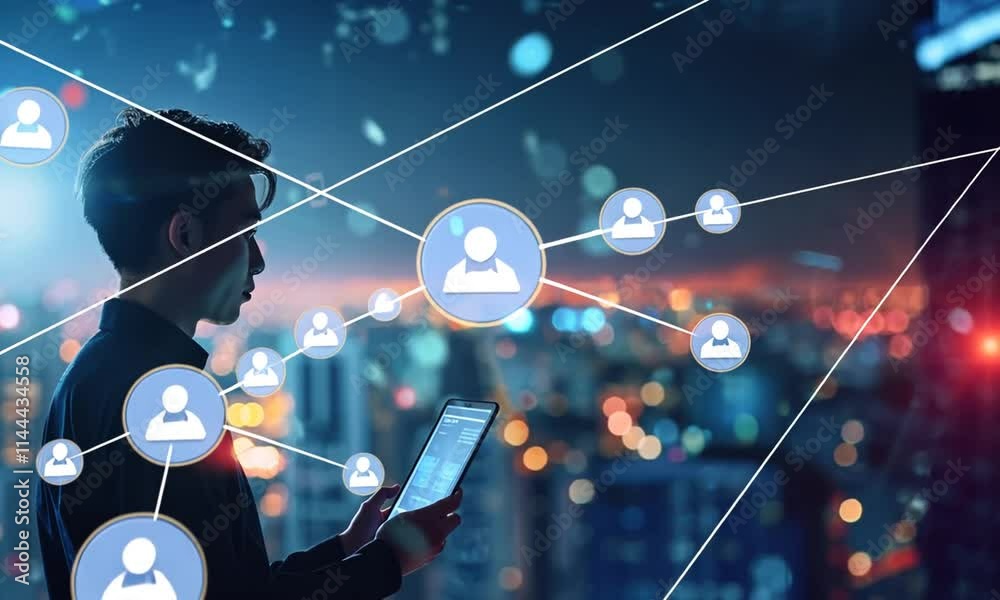Global Networking: Man Using Tablet, Cityscape Background