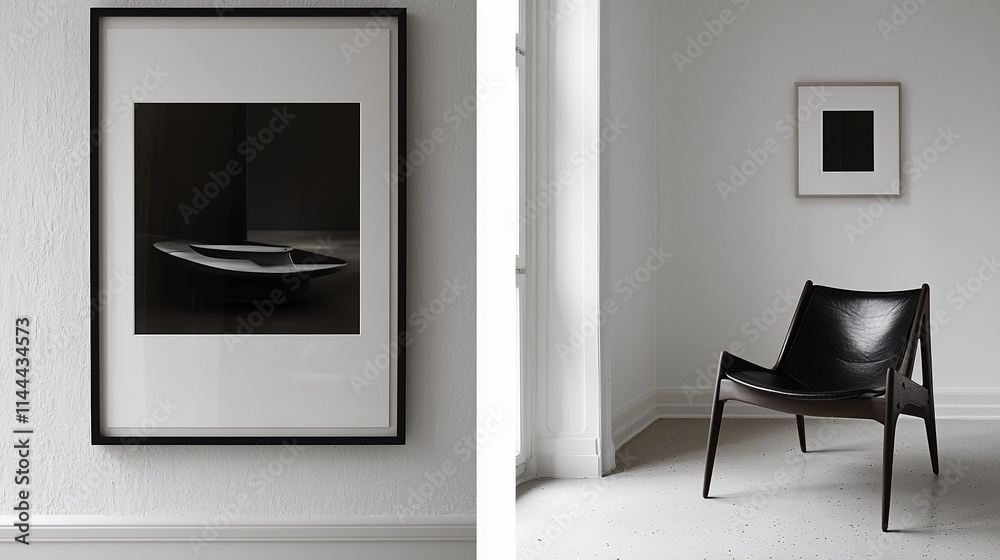 Minimalist black and white art print displayed in modern interior with leather chair. Minimalist black and white art print displayed in modern interior with leather chair.