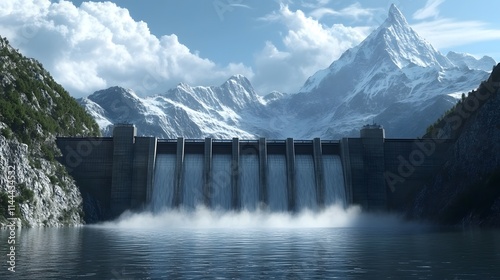 A stunning view of a dam surrounded by majestic mountains and serene water