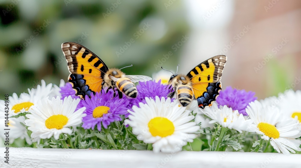 Two butterflies and bees on daisies and asters. Two butterflies and bees on daisies and asters.