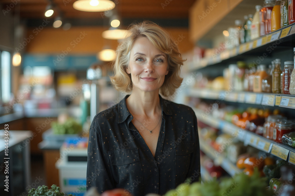 A mom and pop business owner, tending to her grocery shop, managing inventories, welcoming customers. Senior aged woman manager working in convenience store. Concept on people, workplace environment. A mom and pop business owner, tending to her grocery shop, managing inventories, welcoming customers. Senior aged woman manager working in convenience store. Concept on people, workplace environment.