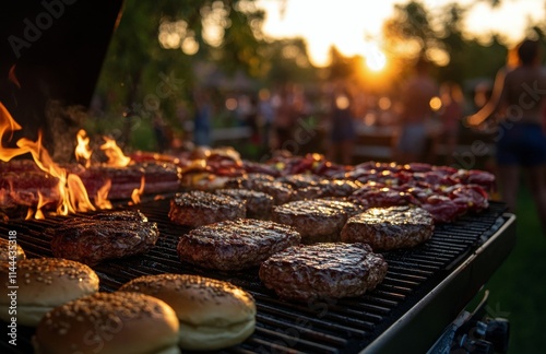 Barbecue gathering at sunset with grilled burgers and sizzling meat in a vibr...