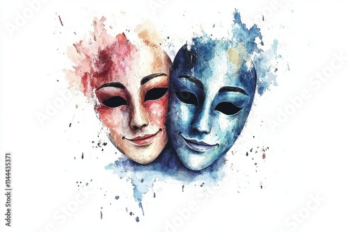 A creative watercolor illustration of two masks representing emotion and duality, blending colors and showcasing artistic expression.