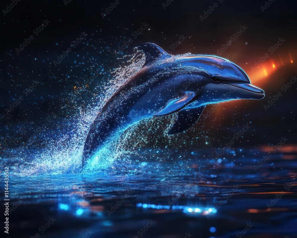 Obraz premium Dolphin jumping with vibrant lighting, dynamic movement, sleek ocean scene