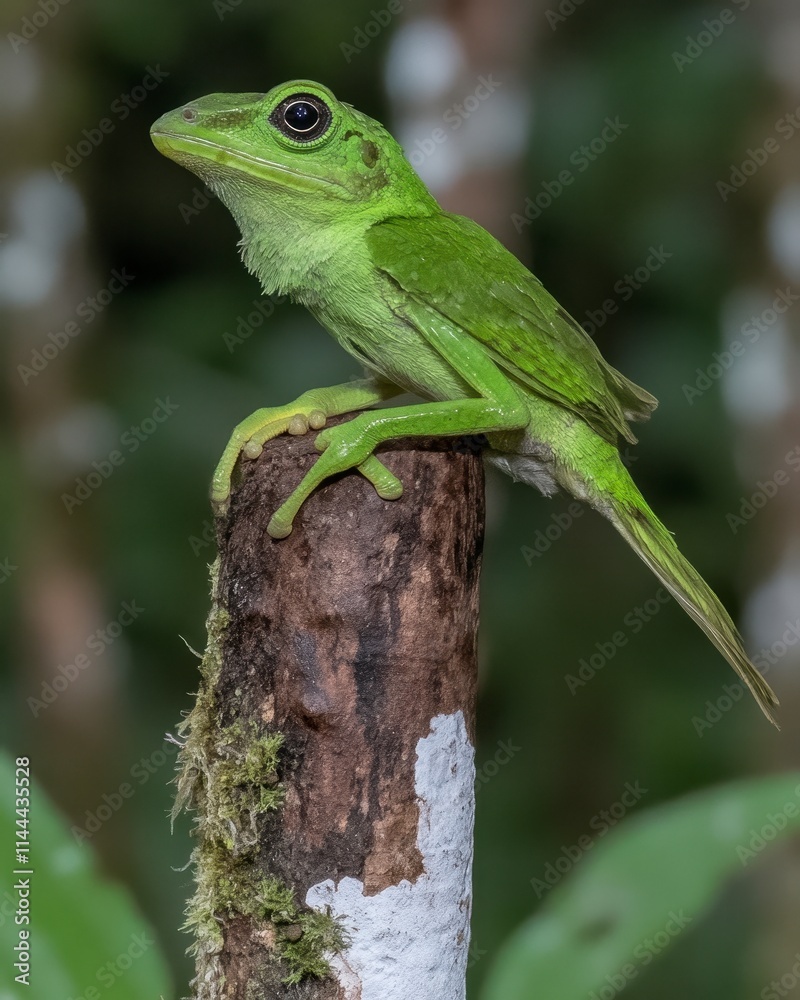 Vibrant green lizard perched on a mossy branch in a lush forest. Vibrant green lizard perched on a mossy branch in a lush forest.