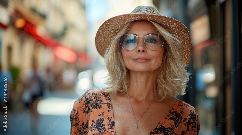 Stylish woman strolling through sunny urban street
