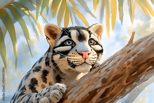 Ocelot Kitten Tropical Tree Sunlight Wildlife Poster. photo