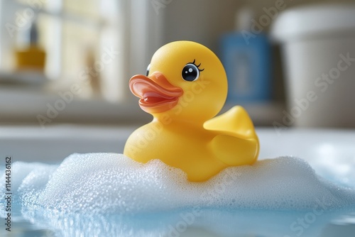 Rubber duckling toy in bath with foam