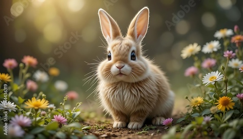 Adorable Fluffy Bunny Amidst Spring Blossoms: A Whimsical Garden Scene photo