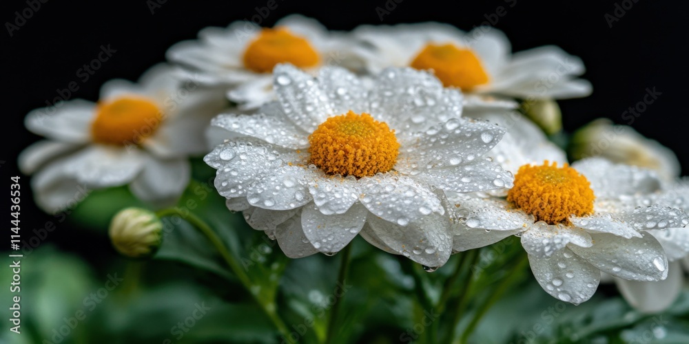 Obraz premium Gentle Rain on Daisies Serene Garden Nature Photography Close-Up Tranquil Atmosphere Beauty of Nature
