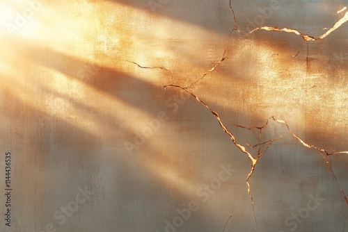 Cracked wall illuminated by warm sunlight highlighting texture and detail at an indoor location