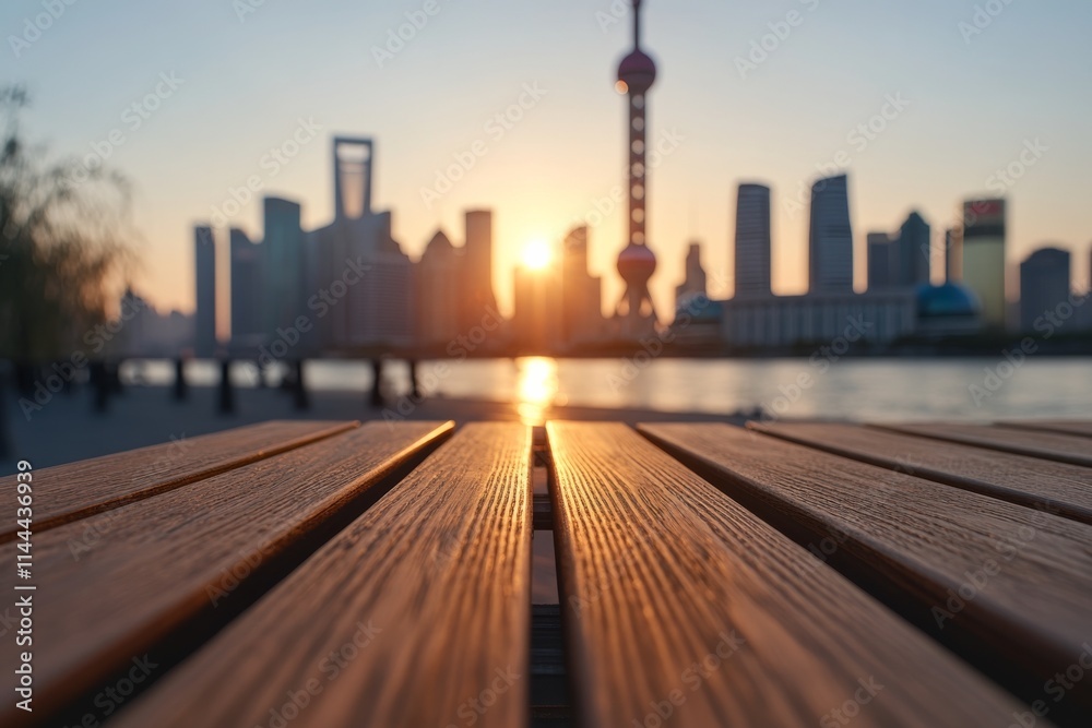 Sunset over the Shanghai skyline viewed from a wooden promenade along the river Sunset over the Shanghai skyline viewed from a wooden promenade along the river