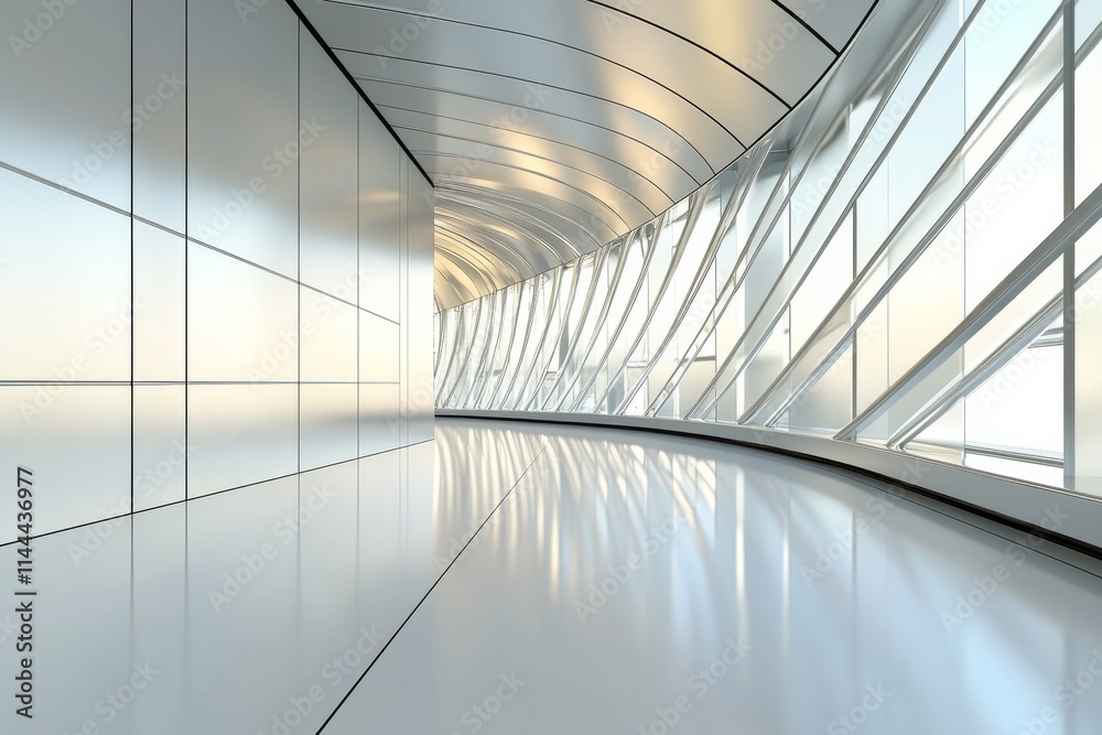 Curved hallway with sleek design and glass walls reflecting natural light Curved hallway with sleek design and glass walls reflecting natural light