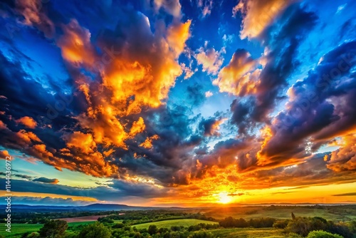 Stunning Sunset Sky: Blue Orange Hues, Deep Depth of Field Photography