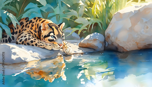 Ocelot resting by tranquil jungle stream, reflection, sunlit foliage.