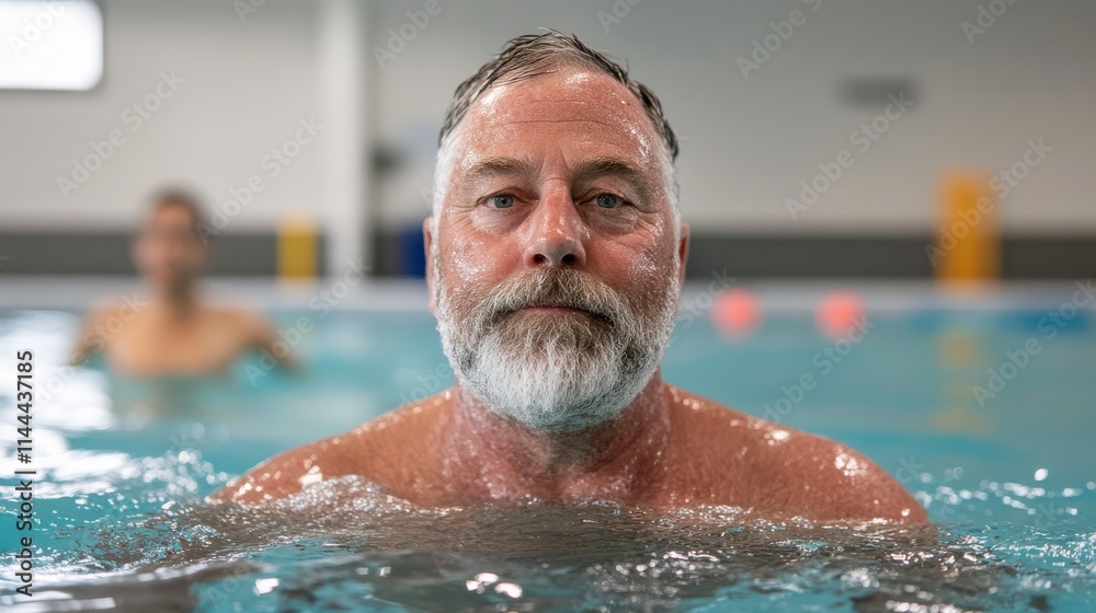 A senior man swims leisurely in a pristine indoor swimming pool, his expression conveying refreshment and fitness in a modern aquatic facility. A senior man swims leisurely in a pristine indoor swimming pool, his expression conveying refreshment and fitness in a modern aquatic facility.