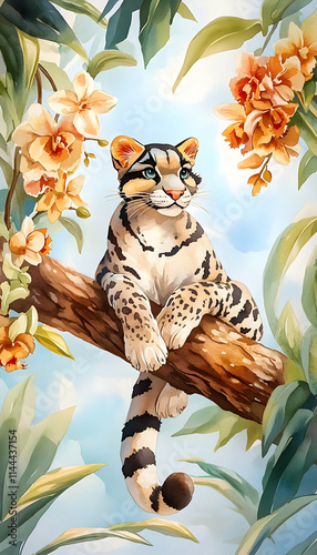 Ocelot Resting on Branch, Tropical Flowers, Sunny Sky, Wildlife Illustration, Nature Poster. photo