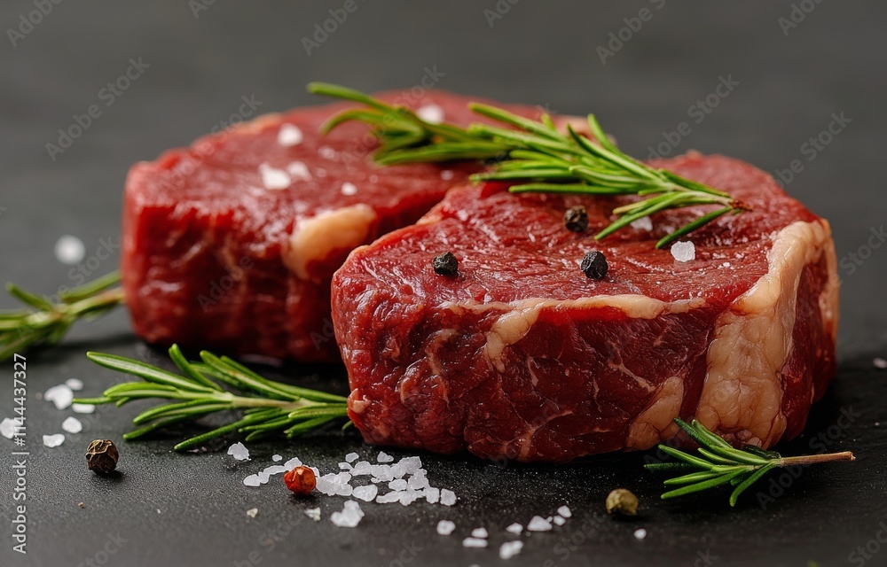 Freshly cut beef steaks with herbs and spices arranged on a dark surface ready for cooking or grilling with Freshly cut beef steaks with herbs and spices arranged on a dark surface ready for cooking or grilling with