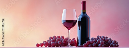 Red wine bottle and glass with fresh grapes on a pink background showcasing a...