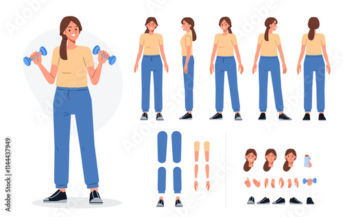 Fitness active girl wearing sport clothes. Character for animation. Front, side and back view set. Body parts, postures, poses collection. Vector illustration.