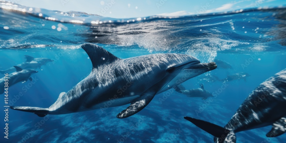 Fototapeta premium Underwater view of dolphins swimming in ocean with clear blue water, emphasizing the beauty of marine life.