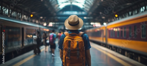 Traveler with yellow backpack waits on platform for train at busy urban stati...
