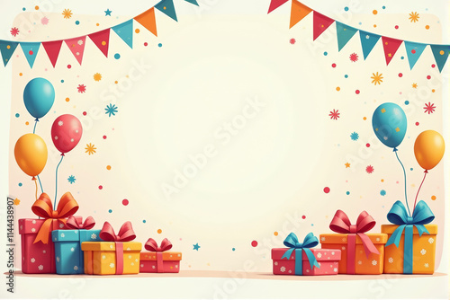 A festive birthday illustration with carefully wrapped gifts, decorative balloons, and fun party banners in bright, cheerful colors..