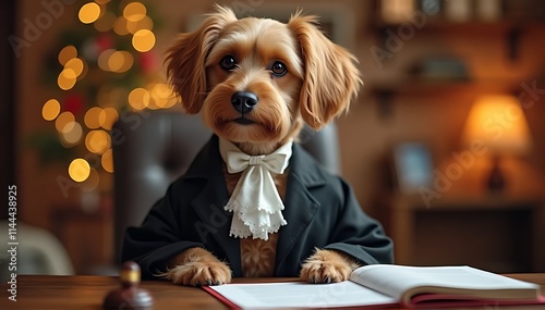 petfluencer The Case of the Curious Canine: A charming, fluffy dog in a judge's robe and bow tie sits at a desk with an open book,  ready to dispense justice with a playful twinkle in his eye.
