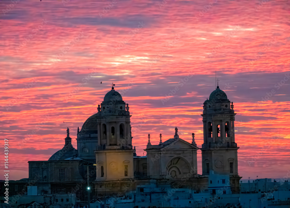Obraz premium Colorful skies at dusk over the skyline of the old city of Cadiz featuring the silhouette of its famous cathedral, Cadiz, Andalusia, Spain