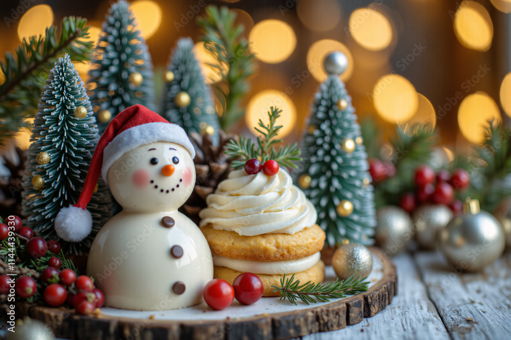 christmas cake topped with a snowman, surrounded by festive decorations including pine cones, bells, and christmas tree ornaments. A delightful centerpiece for holiday celebrations. christmas cake topped with a snowman, surrounded by festive decorations including pine cones, bells, and christmas tree ornaments. A delightful centerpiece for holiday celebrations.