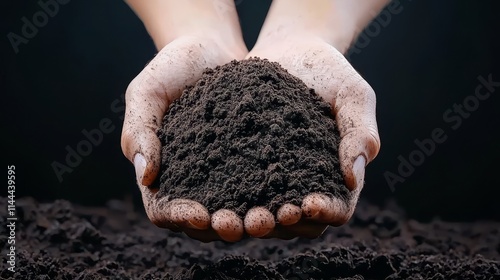 The soil is dark, moist, and contains small rocks and organic matter.