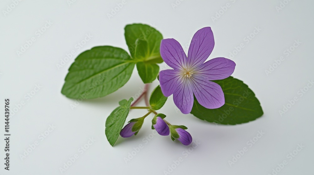 a single purple flower with green leaves on a white background a single purple flower with green leaves on a white background