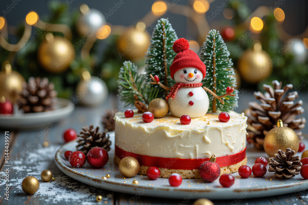 christmas cake topped with a snowman, surrounded by festive decorations including pine cones, bells, and christmas tree ornaments. A delightful centerpiece for holiday celebrations. christmas cake topped with a snowman, surrounded by festive decorations including pine cones, bells, and christmas tree ornaments. A delightful centerpiece for holiday celebrations.