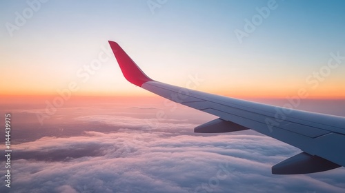 Scenic view from airplane window wing of plane over the city commercial airline flight in morning sunlight airplane flying on blue sky plane wing above clouds flight mechanics