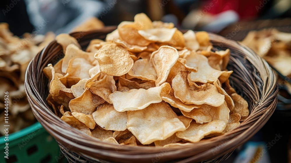 Close up photo of golden potato chips in woven basket. Close up photo of golden potato chips in woven basket.
