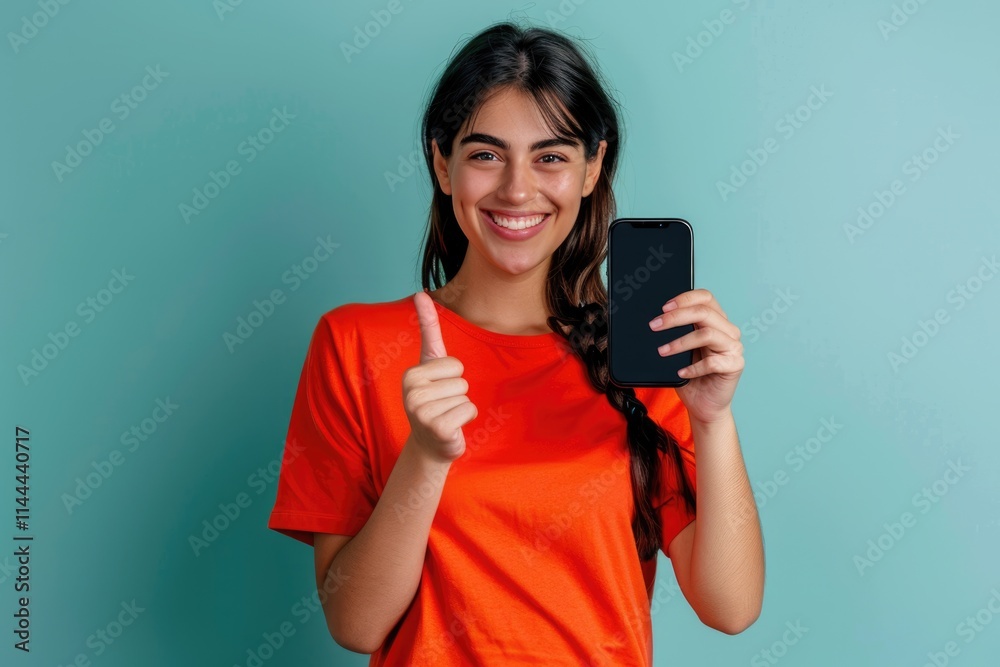 Latin woman in casual clothes holding cellphone with blank screen. Latin woman in casual clothes holding cellphone with blank screen.