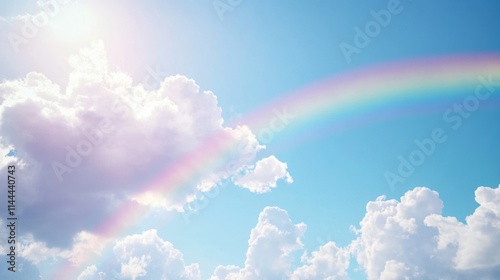Rainbow clouds create a picturesque sky over mountainous terrain. Clear blue skies under the bright sun.